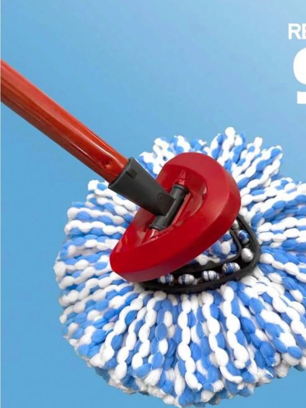 Red Spin Mop with Blue & White Microfiber Head - Easy Floor Cleaning